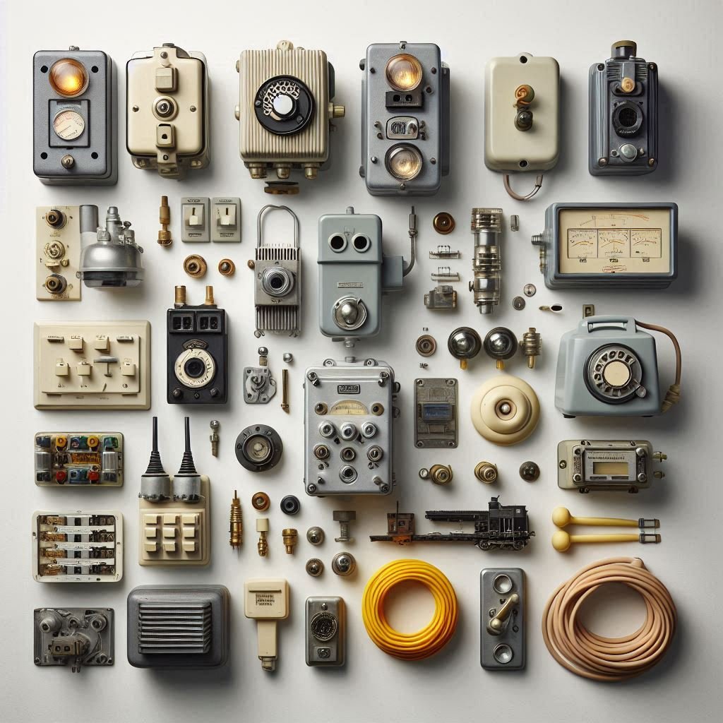 A high-resolution studio-style image of assorted Railway Telecommunication and Signalling Equipment (2)